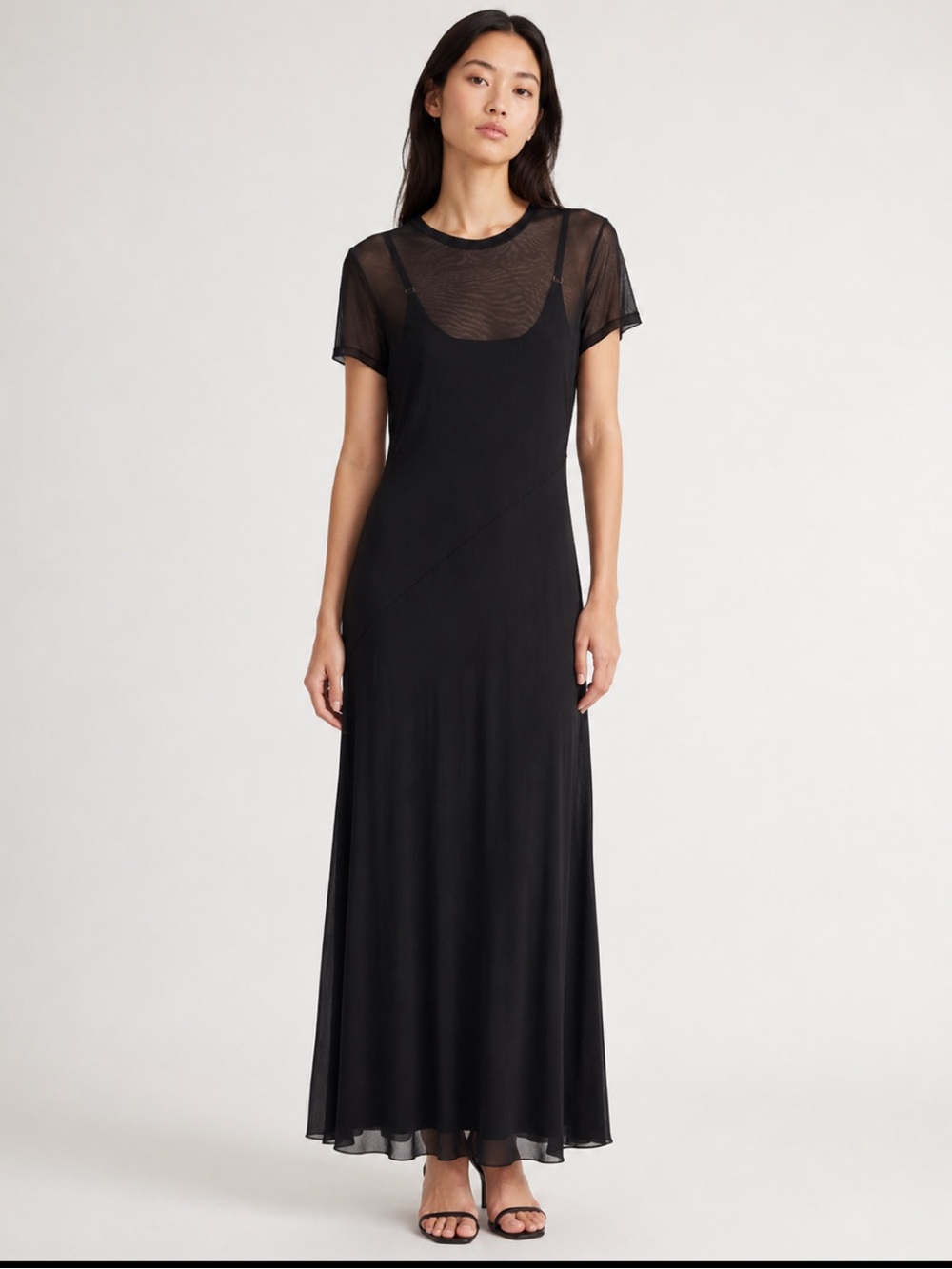 DKNY Black Sheer Mesh Short Sleeve Maxi Dress Minimalist Evening NWT